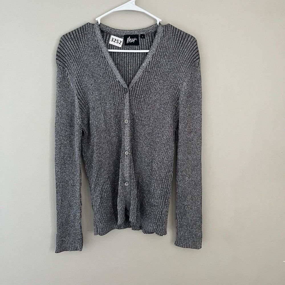 Mar Women Silver Metallic Cardigan Sweater Large Ribbed Knit Button Long Sleeve - Picture 4 of 8